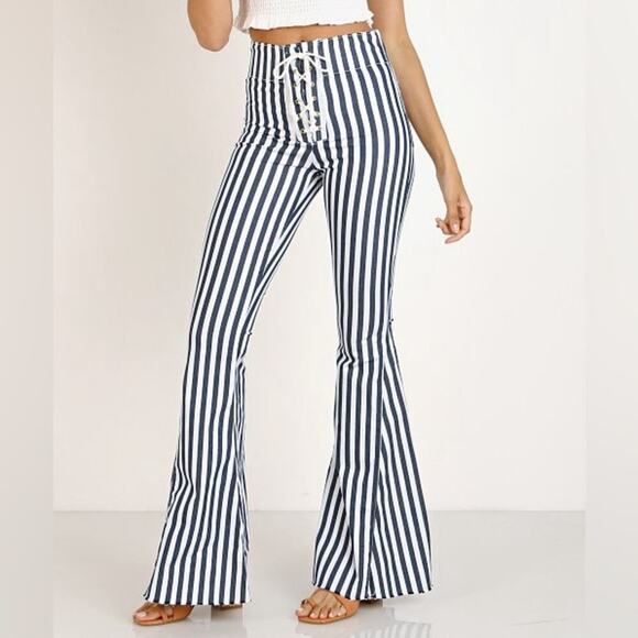 Show Me Your Mumu Mumu Blue Berkeley Tie Up Bells Nautical Stripe Jeans - Picture 3 of 15